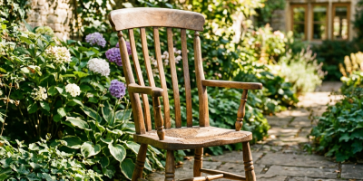 Wooden rocking chair on a garden path beside blooming hydrangeas