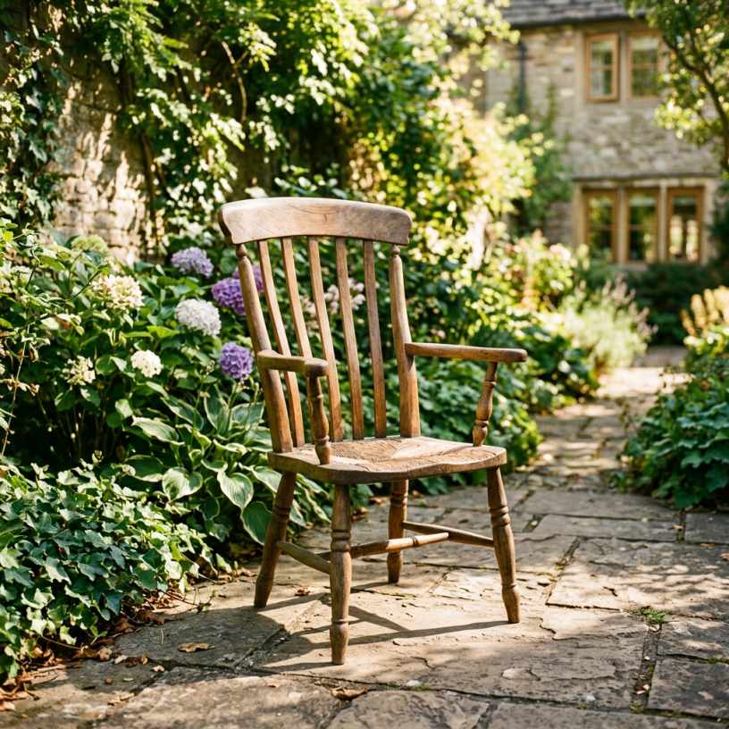 Wooden rocking chair on a garden path beside blooming hydrangeas